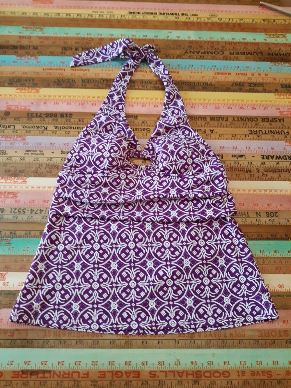 LANDS END Sz 2 Tankini Swim‎ Suit Top Magenta Geometric Ruched Halter XS S